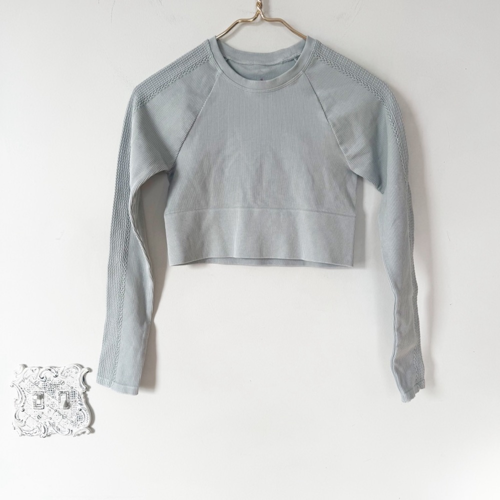 Aerie Big Chill Seamless Ribbed Long Sleeve Crop Top Stone Gray S - Picture 4 of 9